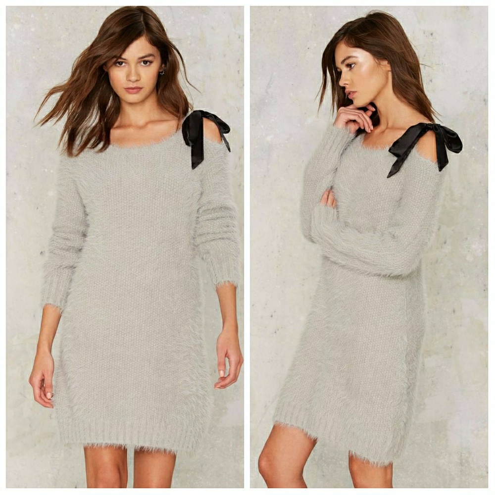 NWT Nasty Gal Cleo Fuzzy Sweater Dress w Shoulder Bow